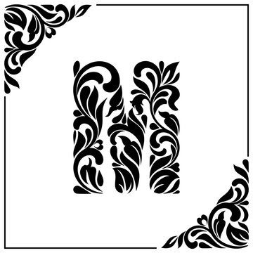 The letter M. Decorative Font with swirls and floral elements. Vintage style