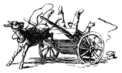 Obraz premium Esel wirft Karren um und befreit sich - Donkey frees himself