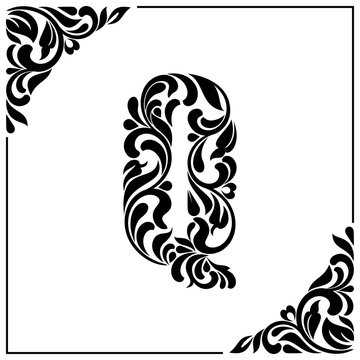 The letter Q. Decorative Font with swirls and floral elements. Vintage style