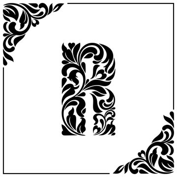 The letter R. Decorative Font with swirls and floral elements. Vintage style