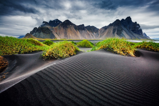 Fototapeta Great wind rippled beach black sand. Location Vestrahorn, Iceland, Europe.