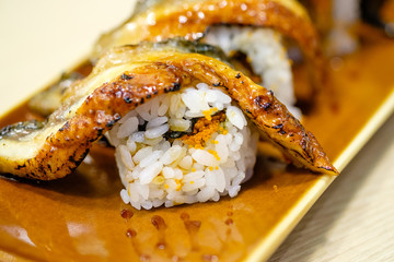 Unagi sushi rolls on plate,Japanes style