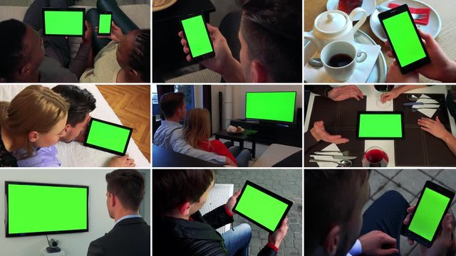 4K compilation (montage) - group of people look at devices with green screen in various environments