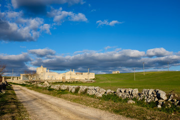 Typical Murgia landscape with an old manor farm and drystone walls. Apulia, Italy.