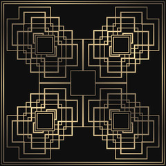 Vector card. Art Deco style. Dark golden geometric frame on black background.