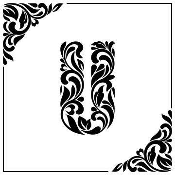 The letter U. Decorative Font with swirls and floral elements. Vintage style