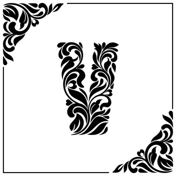 The letter V. Decorative Font with swirls and floral elements. Vintage style