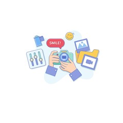 Photography classes, courses, tutorials, education concept. Concept of photography studio, photo archive, movie shooting. Flat vector illustration