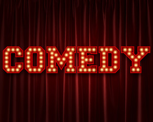 Comedy lightbulb lettering word against a red theatre curtain. 3D Rendering