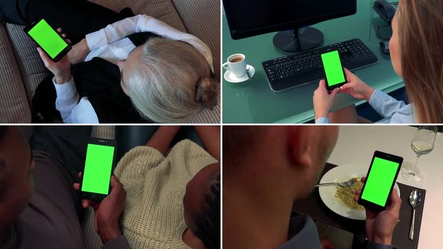 4K compilation (montage) - group of people look at smartphones with green screen in four various environments - closeup