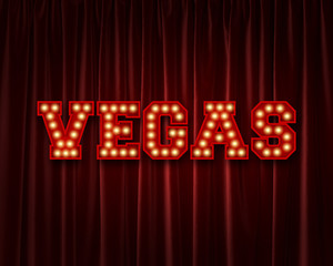 Vegas lightbulb lettering word against a red theatre curtain. 3D Rendering