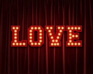 Love lightbulb lettering word against a red theatre curtain. 3D Rendering