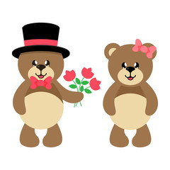 cartoon cute lovely bear in hat with flowers and bear girl with bow set