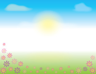 Spring or Summer Scene with blue skies and flowers in the grass