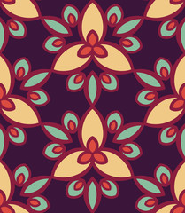 Fototapeta premium Seamless pattern morrocan ornament. Floral textile print. Islamic vector design. Oriental background with abstract flowers. Hexagonal trefoil swatch. Stained glass vitrage.