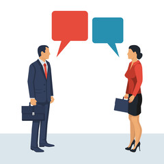 Dialogue of business people. Communication man and woman. Conversation  businessman and businesswoman. Template of bubbles for text. Vector illustration flat design. Isolated on white background. 
