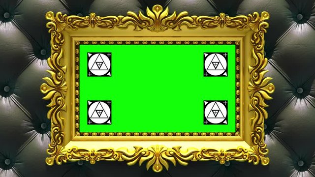 Camera zoom into the gold picture frame on background of luxury black upholstery. Motion tracking markers and green screen included. 3D animation.