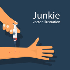 Junkie holding syringe makes an injection in hand. Drug addict. Problem narcotic. Danger addiction. Vector illustration flat design. Isolated on background.