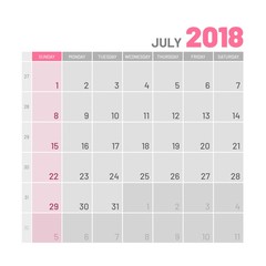 Practical light-colored planner, 2018, July, flat. Useful calendar for taking every day notes. Vector illustration