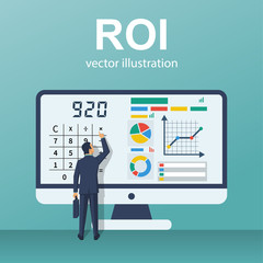 ROI concept. Return on investment. ROI business marketing. Profit income. Businessman managing financial chart. Vector illustration flat design. Isolated on white background. Analysis data.