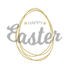 Happy Easter silver gray typographic calligraphic lettering with gold scribble egg frame  isolated on white background. Retro holiday easter badge. Religious holiday sign. Vector illustration