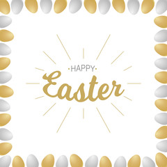 Happy Easter gold typographic calligraphic lettering with gold rays isolated on white background with gold and silver realistic eggs. Retro holiday easter badge. Religious holiday sign. Vector 