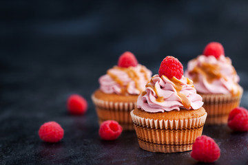 Raspberry and caramel cupcakes on dark background