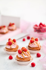 Raspberry and caramel cupcakes on white background