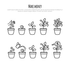 Investment Process with money tree and businessman hand. Vector Investments and financial business growth concept. Growing money tree
