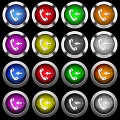 Incoming phone call white icons in round glossy buttons on black background
