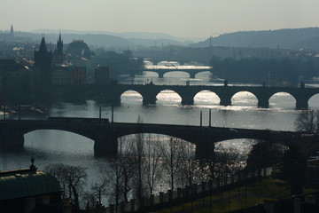 Spring, evening Prague panorama. Czech. Cityscape.