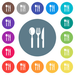 Restaurant flat white icons on round color backgrounds
