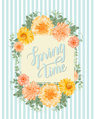 Luxurious invitation card of color peony flowers. Spring flowers bouquet over blue tile background. Vector illistration