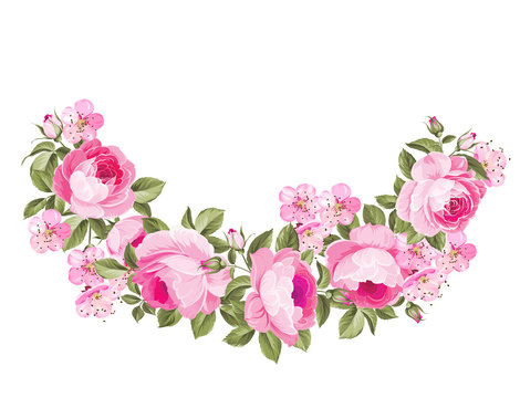 Spring flowers bouquet of red rose garland. Vector illustration.