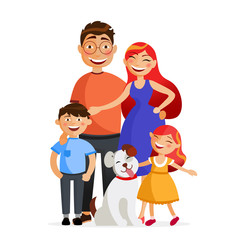 Happy family are standing together in hug. Father, mother, son, daughter and dog. Family flat vector illustration isolated on white background.