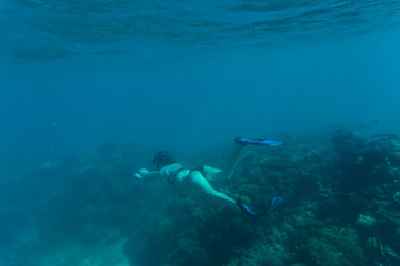 Naklejka na ściany i meble Underwater photo of woman snorkeling and free diving in a clear tropical water at coral reef. Sea underwater.