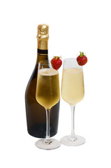 Two glasses of сhampagne and bottle of champagne isolated on white background