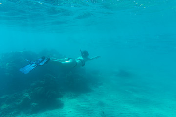 Young woman snorkling under water sea reef and coral. Summer vocation.