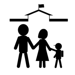 Simple icon of family in black colour; symbol of child going to school with parents. Isolated on white background. Flat design for use in website, logo, app, UI, art. Vector illustration, EPS 10.