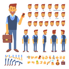  Front, side, back view animated character. Business man character creation set with various views, hairstyles, face emotions, poses and gestures. Cartoon style, flat vector illustration.