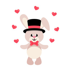 cartoon cute bunny in hat and tie witth hearts set