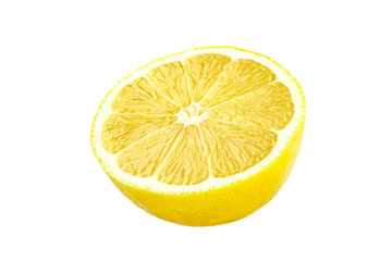 Textured ripe slice of lemon citrus fruit isolated