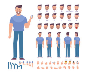 Young man vector character. Front, side, back view. Creation set with various views, face emotions, lip sync, poses and gestures. Cartoon style, flat vector illustration.