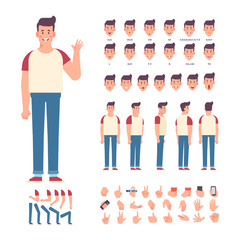 Young man vector character. Front, side, back view. Creation set with various views, face emotions, lip sync, poses and gestures. Cartoon style, flat vector illustration.