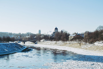 Neris river in winter, Vilnius, sunny day