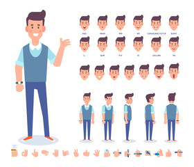 Young man vector character. Front, side, back view. Creation set with various views, face emotions, lip sync, poses and gestures. Cartoon style, flat vector illustration.