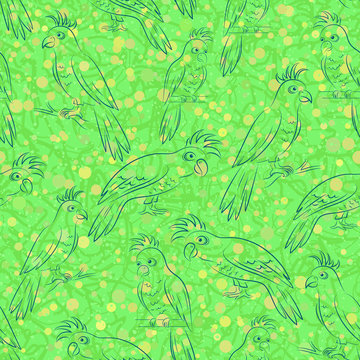 Seamless Pattern, Cartoon Birds Parrots, Outline Pictograms, Contours on Tile Green and Yellow Background. Vector