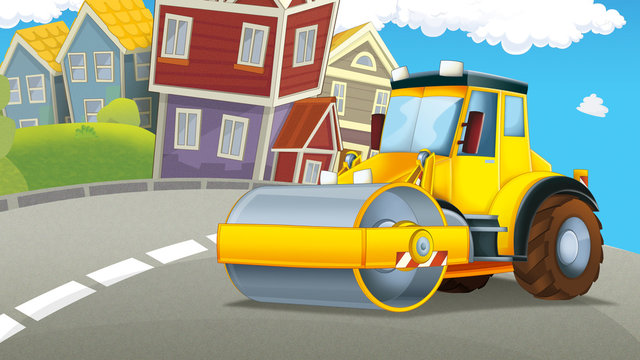 Cartoon road roller truck in the city - illustration for children Stock  Illustration | Adobe Stock