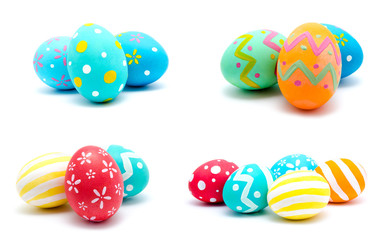 Collection of photos perfect colorful handmade easter eggs isolated