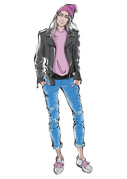 Smiling girl in jeans and a black leather jacket. Fashion vector illustration